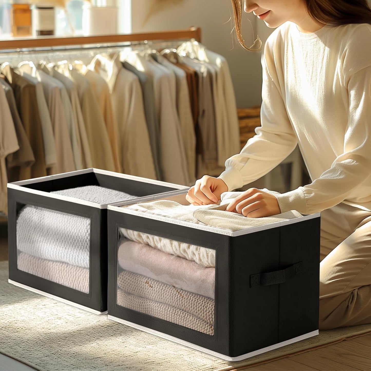 Storage Boxes with Lids - 4 Pack Fabric Clear Window Storage Bins, Large Decorative Storage Bins with Handles, Linen Closet Organizer for Clothes, Towel, Blanket, Black