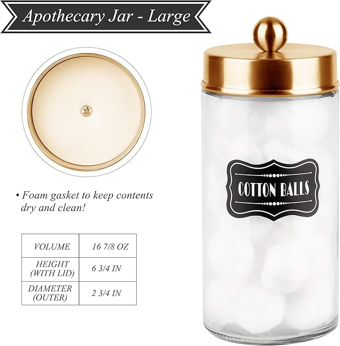 Apothecary Jars 3 Pack - Glass Bathroom Containers with Stainless Steel Lids - Rustic Farmhouse Decor Bathroom Accessories, Vanity Organizer Apothecary Jars for Qtip/Cotton Balls (Gold)