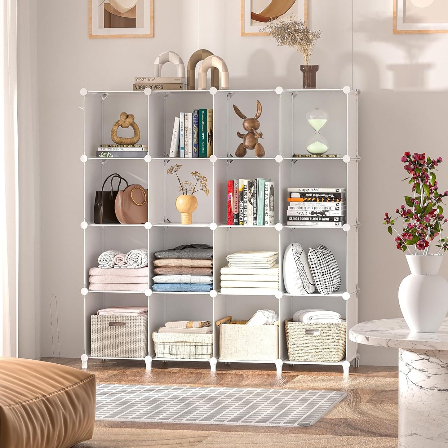 Neprock 16 Cubby Storage Organizer, Closet Clothes Storage Organizer, Cube Shelves Closet Organizers and Storage Shelves for Clothing Storage with Hammer, Bookshelf for Kids (White)