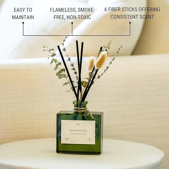 Craft & Kin Christmas Reed Diffuser with Dried Flowers | 5 oz Santal Woods Holiday Scented Reed Diffusers for Home, Bathroom | Scent Sticks | Elegant Fragrance Home Decor for Men & Women