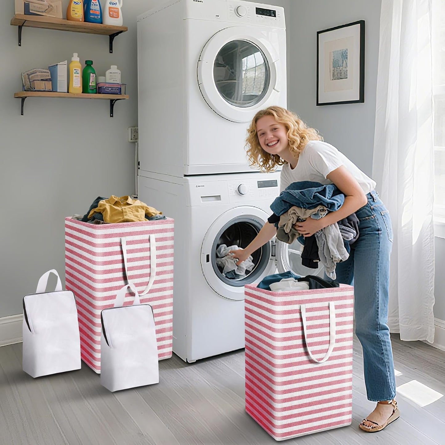 Pink Large Collapsible Laundry Basket Hamper Bag Dirty Clothes Storage and Organization for Bedroom Bathroom Dorm Room College with Handleswith Easy Carry Clothes