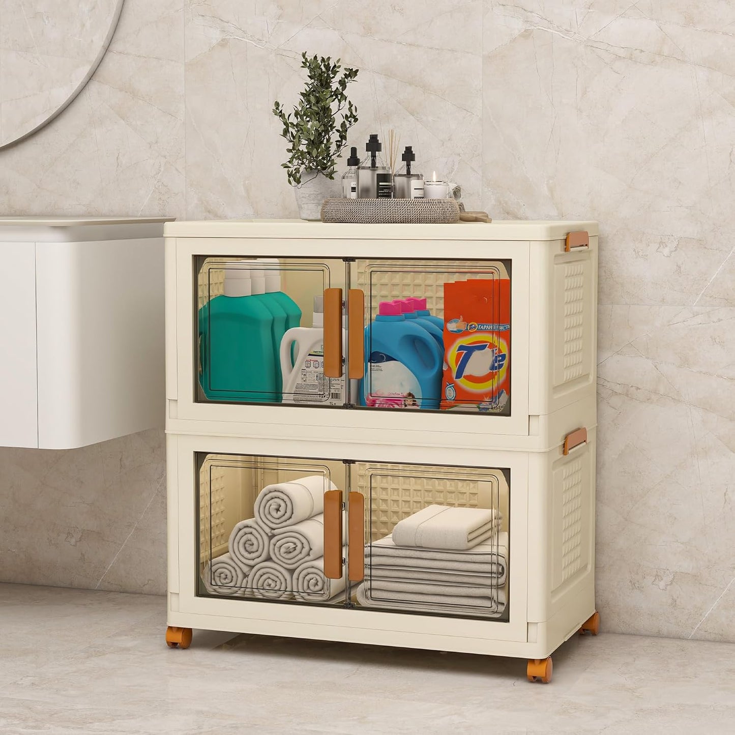 Plastic Stackable Storage Bins with Lids and Wheels, Foldable Closet Organizers and Storage Containers, Collapsible Clear Drawer Storage Cabinet with Doors White 76Gal