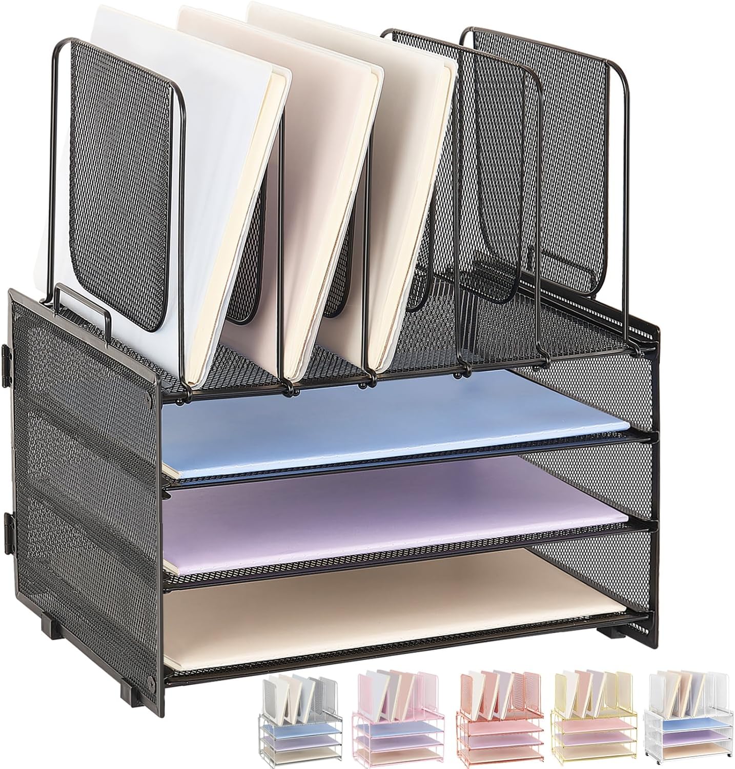 Desk Organizers and Accessories, 3-Tier Paper Organizer with 5 Vertical File Holders, File Folder Organizer (Black, 3T)