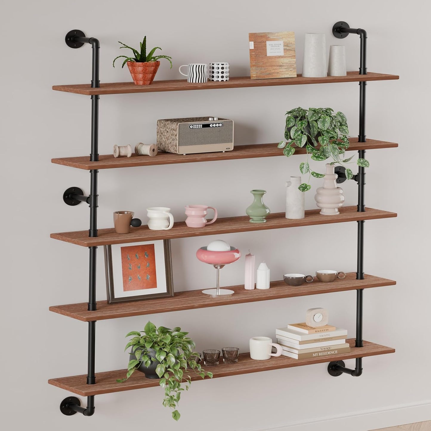 Floating Shelves for Wall Bookshelf Industrial Pipe Shelving Shelves 48 Inch 5 Tier Natural Wood Planks Rustic Wall Shelves Hanging Bookshelves Farmhouse Kitchen Shelving