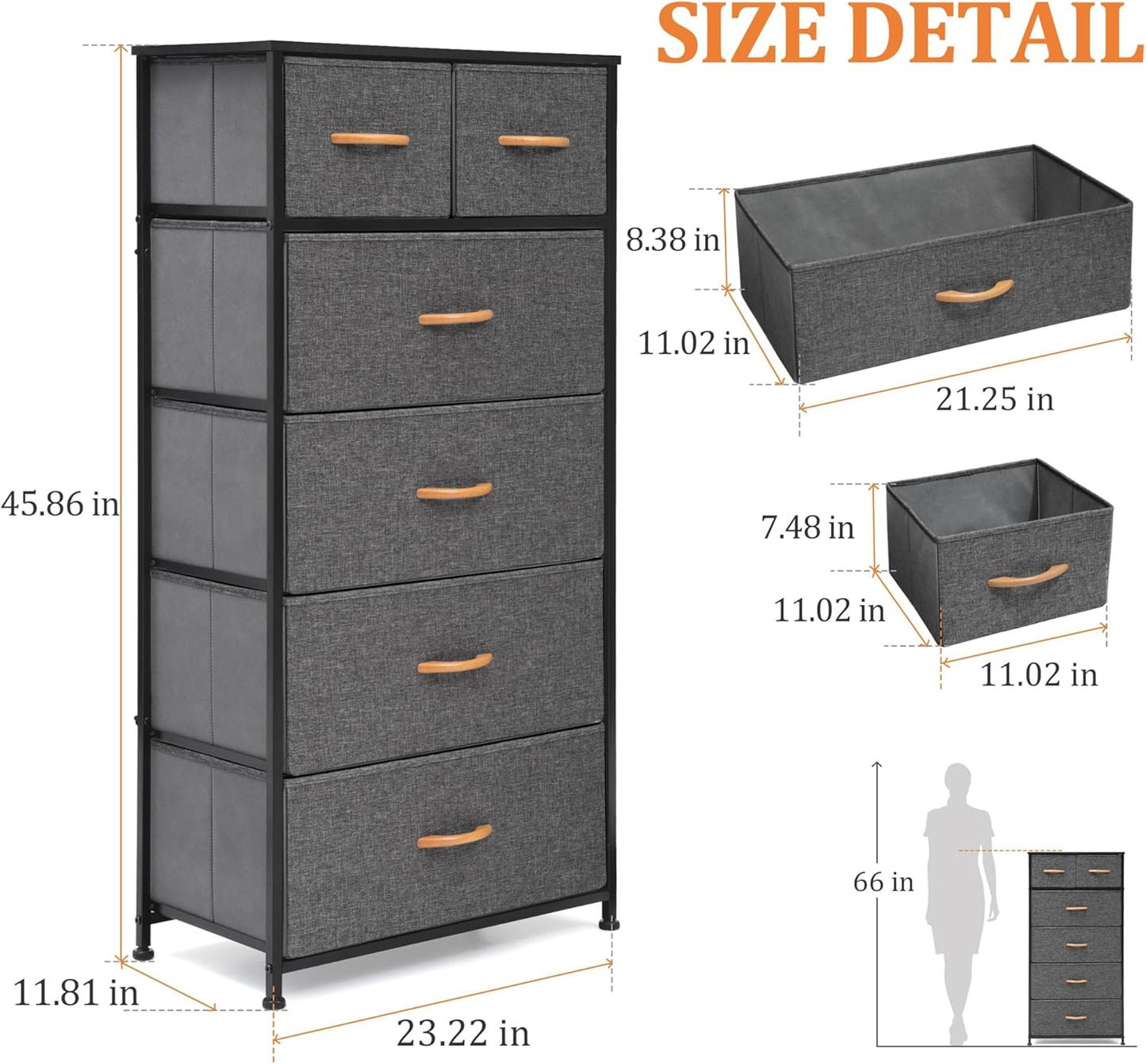 Fabric Dresser for Bedroom, Tall Skinny Dresser with 6 Drawers, Storage Organizer Tower, Steel Frame Wooden Top for Closet, Living Room, Hallway, Nursery(Grey)