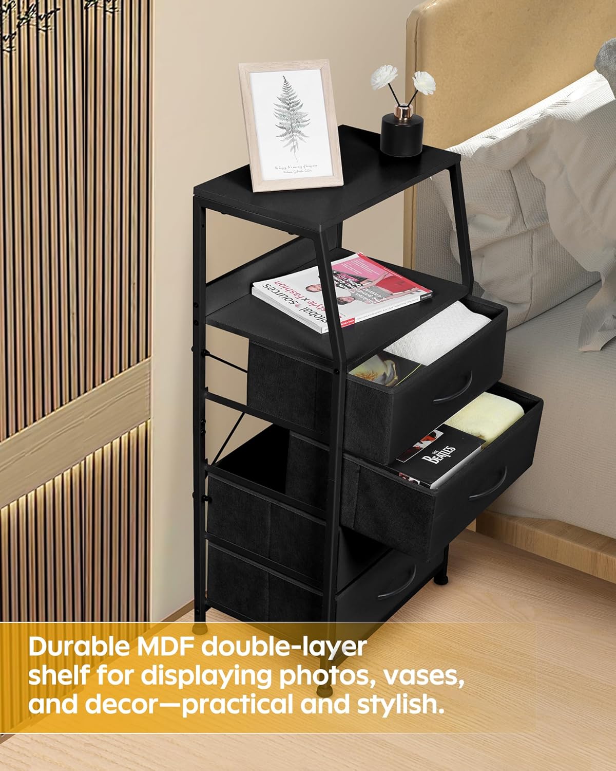 Dresser for Bedroom, Fabric Nightstand Tall Dresser & Chests of Drawers with 4 Drawers, Vertical Organizer Storage Tower Unit for Bedroom, Hallway, Entryway Black