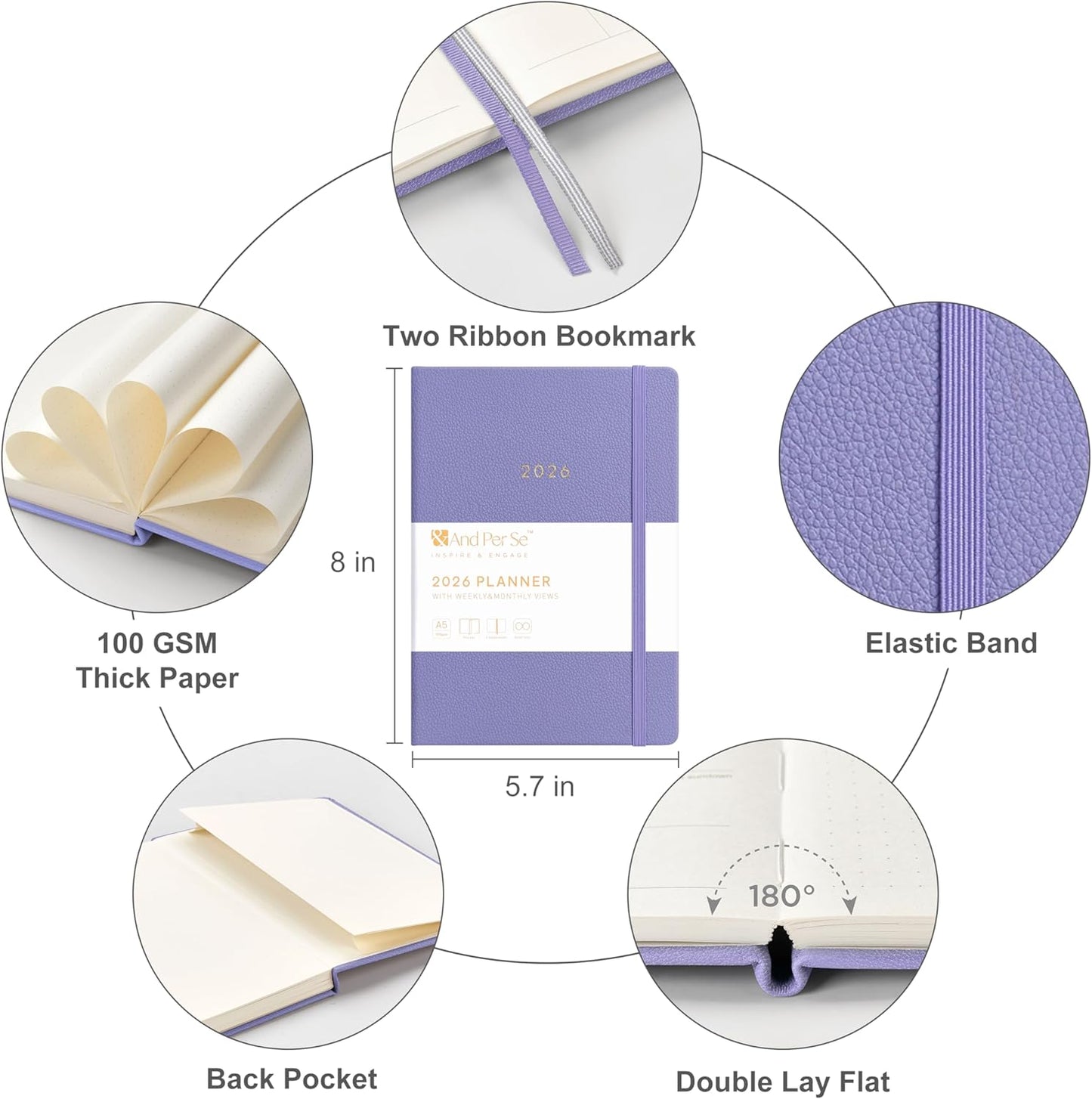 And Per Se 2026 Planner-Daily, Weekly & Monthly Leather Hardcover Planner, 5.7" x 8", Daily Schedule, Monthly Tabs, 100 GSM Thick Paper, Back Pocket(Lavender)