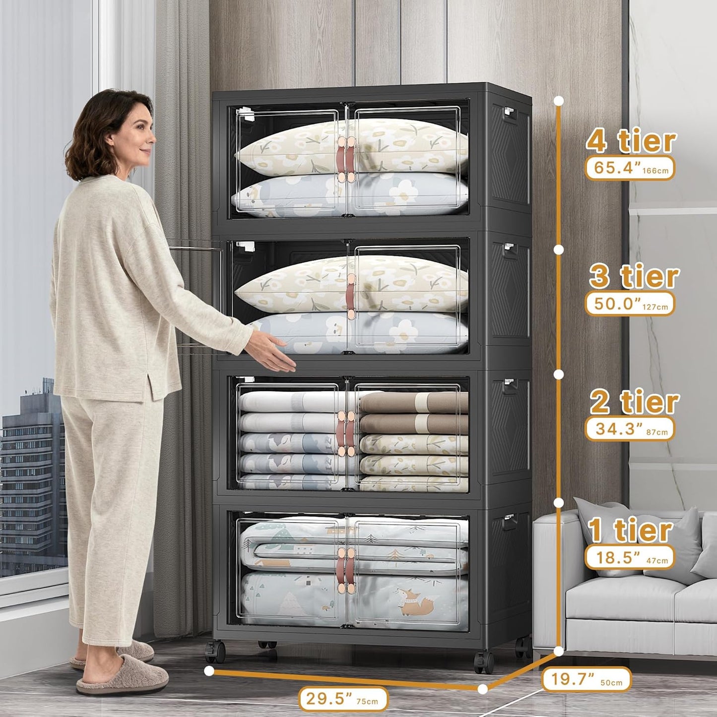 Extra Large Stackable Storage Bins with Lids & Wheels & Door, 1280QT-160QT/40GAL*8Pack Foldable Collapsible Closet Organizers, Plastic containers drawers for bedroom Dorm