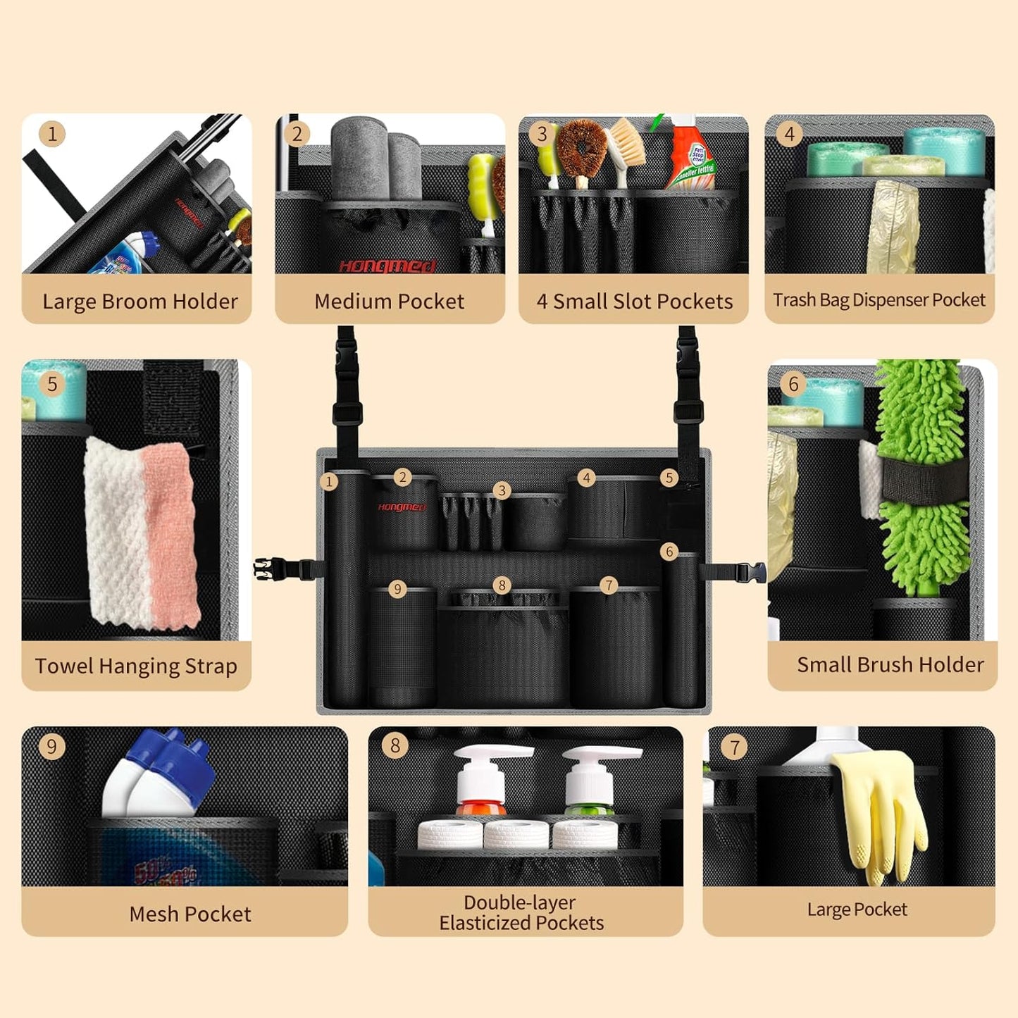 Trash Can Caddy Bag: 1680D Fabric Heavy-Duty Cleaning Caddy with Adjustable Buckle fits 32-55 gal Trash Can, Multi-Pockets Cleaning Tool Organizer for House Cleaners & Janitorial Duties