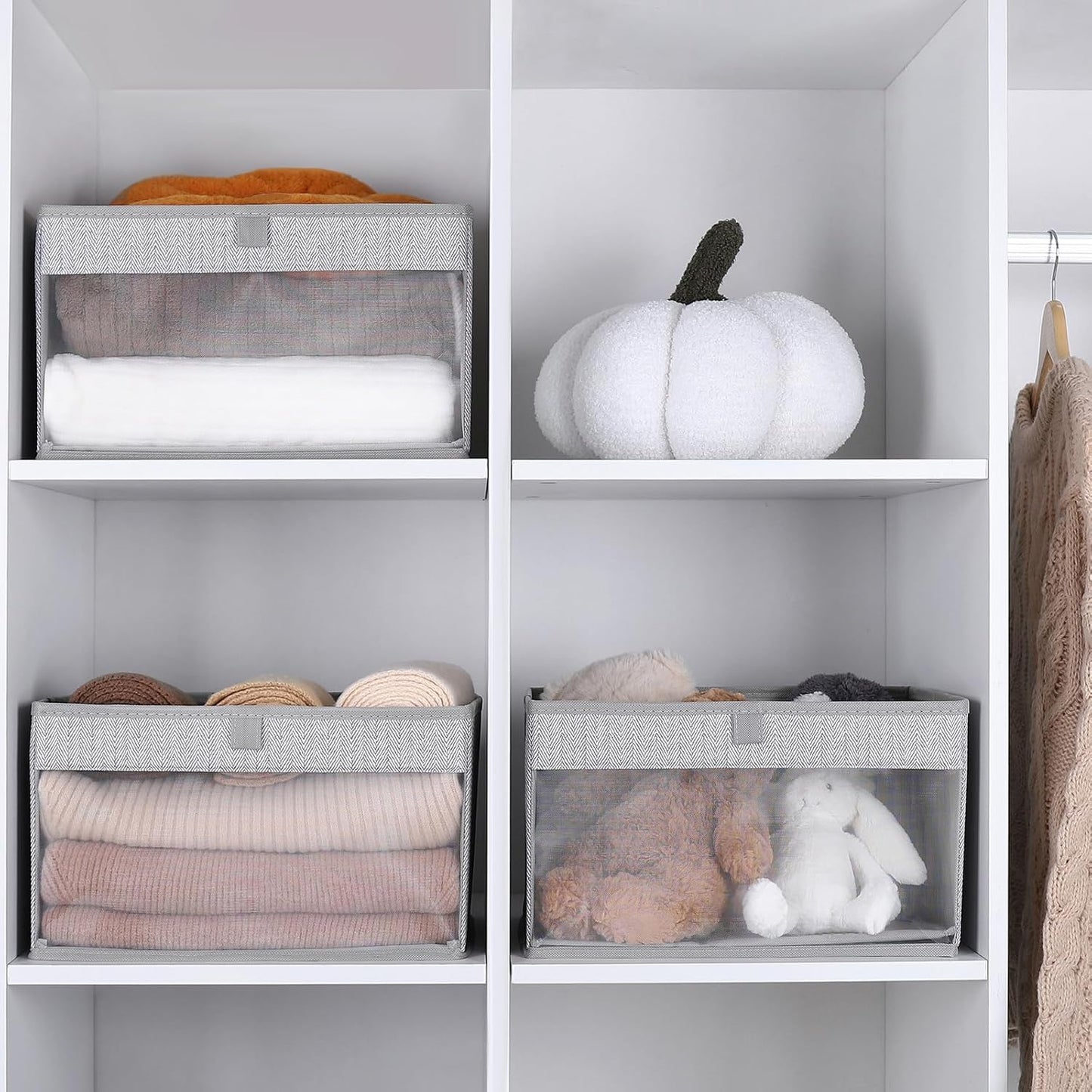 WUIKE Closet Storage Bins, Large Fabric Storage Baskets with Clear Window, Foldable Organizer for Clothes, Shelves, Herringbone Gray, 3 Pack
