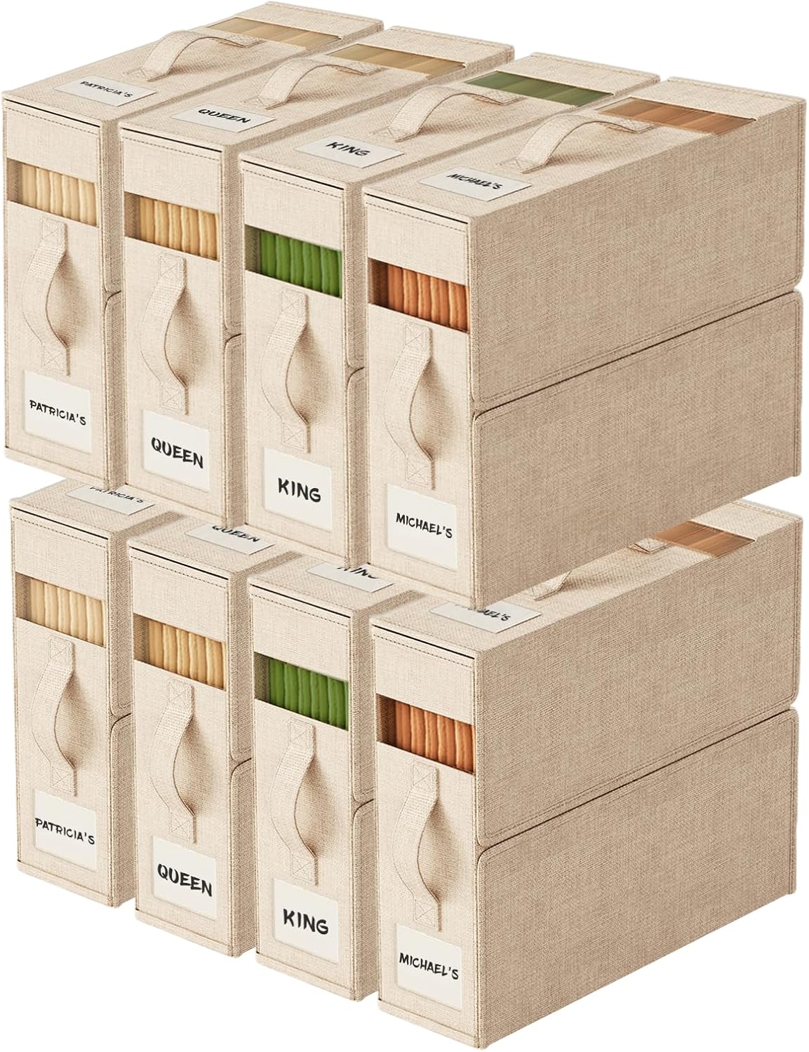 Sheet Organizers and Storage with Handles – Foldable Linen Closet Storage for King & Queen Sheet Sets – Clear Window & Removable Labels – Dustproof & Space-Saving Design, 8 Pack, Beige