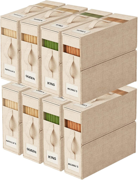 Sheet Organizers and Storage with Handles – Foldable Linen Closet Storage for King & Queen Sheet Sets – Clear Window & Removable Labels – Dustproof & Space-Saving Design, 8 Pack, Beige