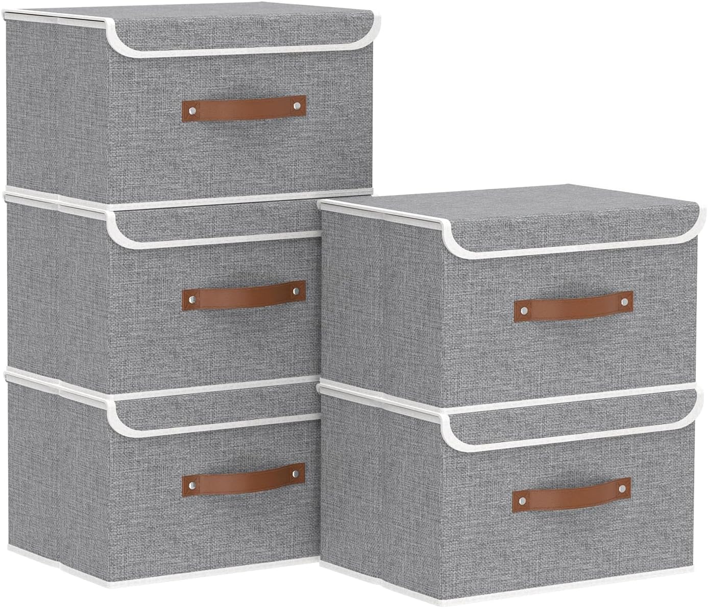 Yawinhe Collapsible Storage Boxes, Foldable Bin with Lids, Cube Clothes Organizer Basket with Handles, Grey, 13.0''Lx9.0''Wx7.9''H, 5-Pack, SNK024GS-5