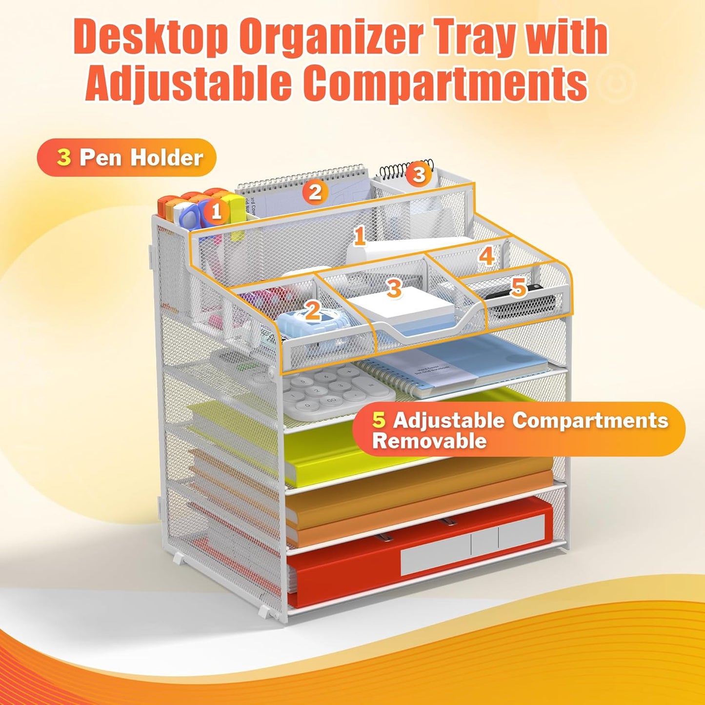 Docnest 5 Tier Mesh Desk Organizer for Paper Office Supplies – Multi-Functional Letter Tray with 5 Adjustable Compartments, 3 Pen Holders, Desktop Storage for Files, Mail, Stationery – White