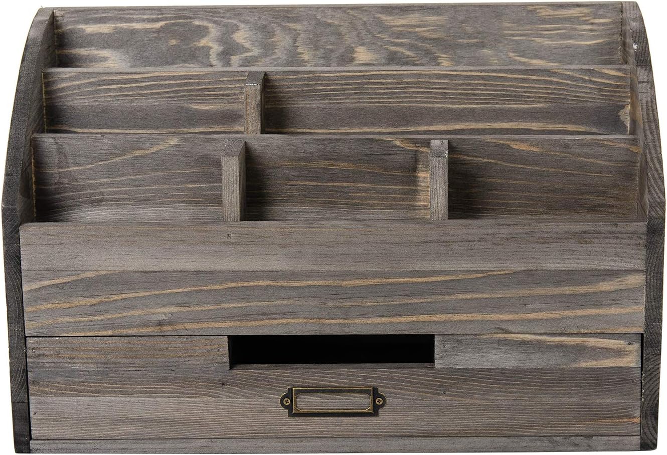 Distressed Rustic Wooden Office Desk Organizer 5 Compartment with 2 Drawer &Counter Desk Tabletop Desktop Mail Rack, Pens, Notebooks, Folders, Pencils and Office Supplies (Rock Grey)