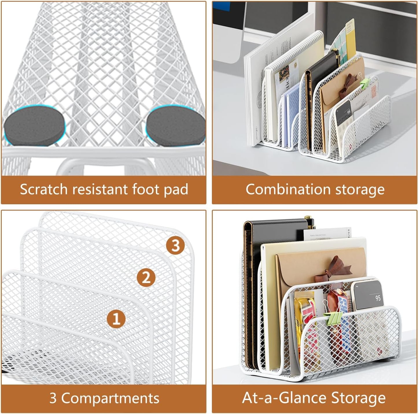 gianotter Mail Organizer Countertop, Metal File Holder with 3-Slot, Bill Organizer for Office Receipts and Letter Paper Storage (White)