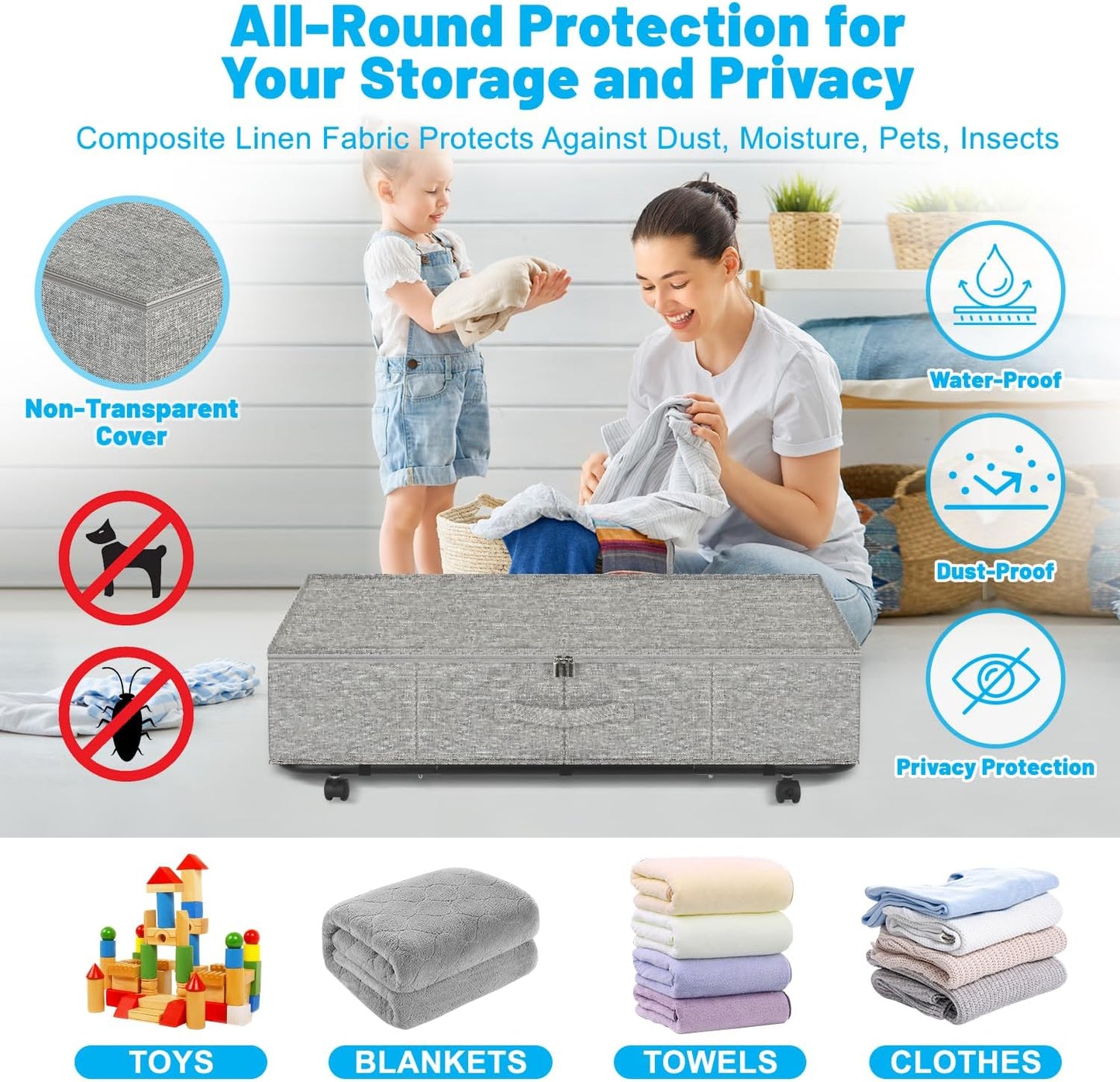 Large Sturdy Under Bed Storage with Wheels, 2 Pack 50L Rolling Underbed Storage Bins, Under Bed Containers Drawer with Metal Bottom Support, Bedroom Organizer with Lids for Clothes, Shoes, Blankets