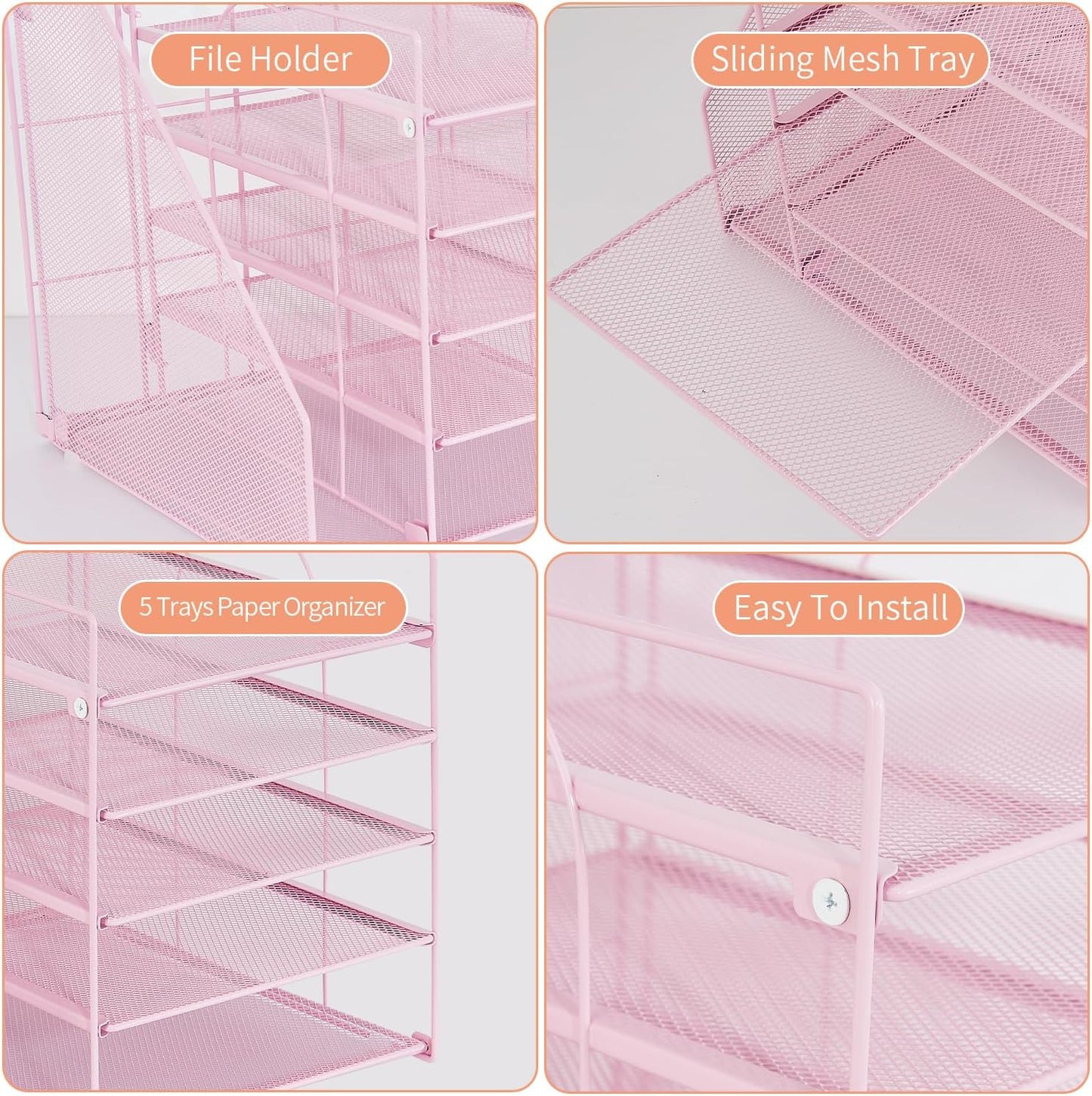 Desk Organizers and Accessories, 5-Tier Paper Letter Tray Organizer with File Holder, Desktop Organizer for Office Supplies (Pink)