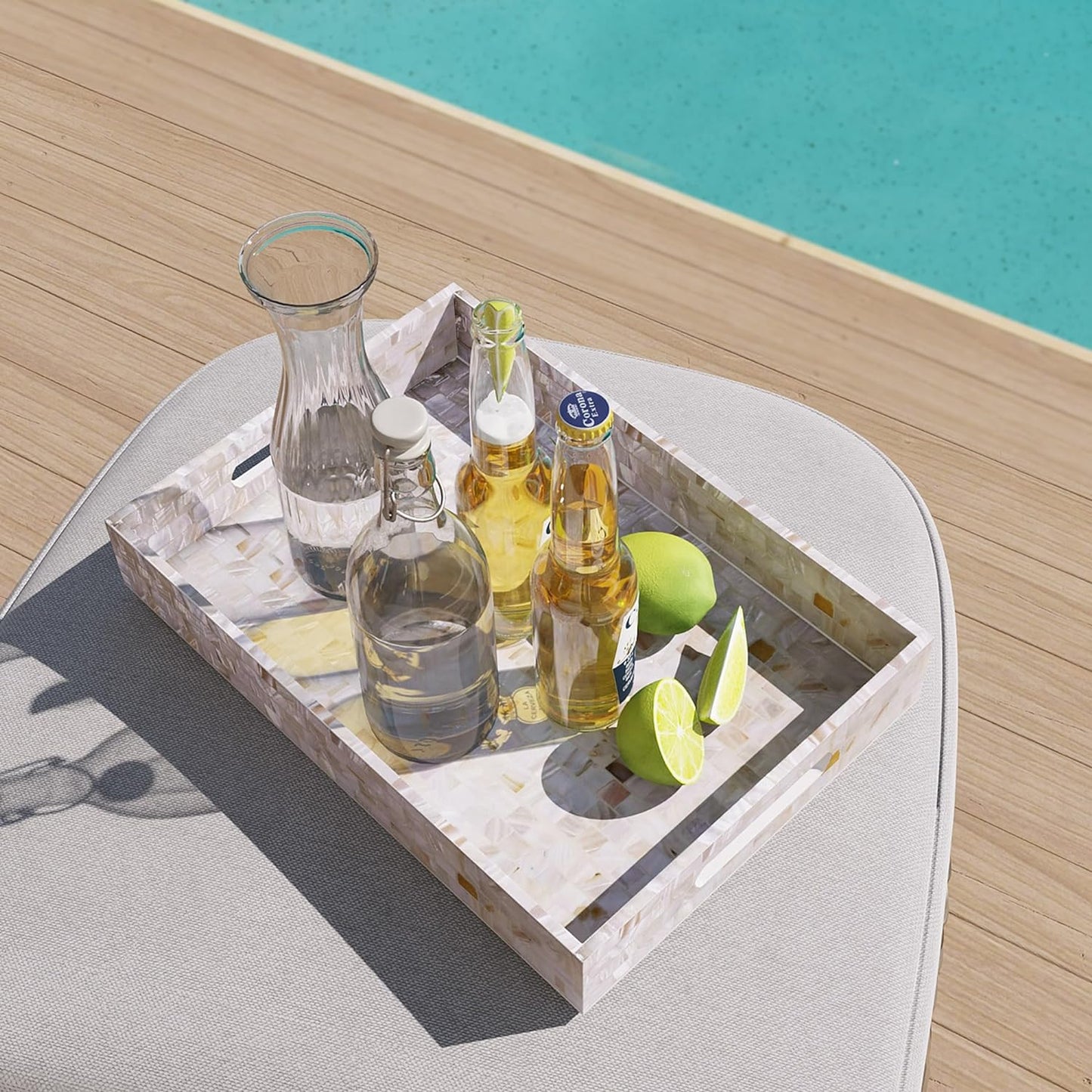 PEMAR Rectangular Mother of Pearl Serving Tray Nacre Wood Lap Ottoman Tray for Coffee Table, Luxury Decorative Handmade Eating Platters w Insert Handles (White Cream)