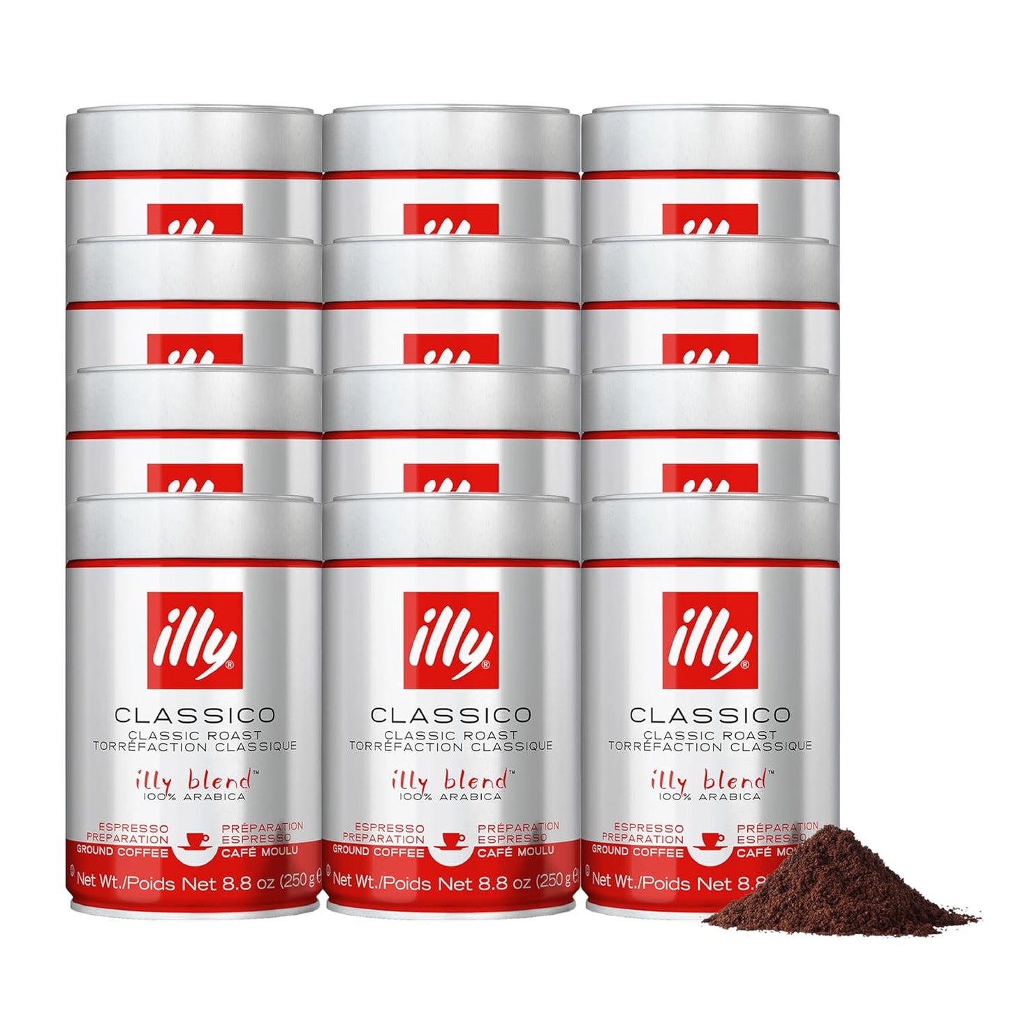 Illy Ground Espresso Coffee, Classico Medium Roast - Mild & Balanced - 100% Arabica - Pre-Ground for Espresso - Pressurized Packaging Sealed for Freshness - 8.8oz (Pack of 12)