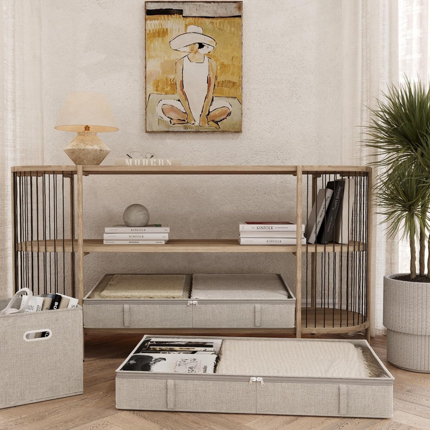 Light Gray & White Low Profile Under Bed Storage Containers 5 inches high, 33.8"x 17.7"x 5.1", Sturdy Underbed Shoe Storage Organizer, Foldable Fabric Under the Bed Storage Bins - Pack of 2