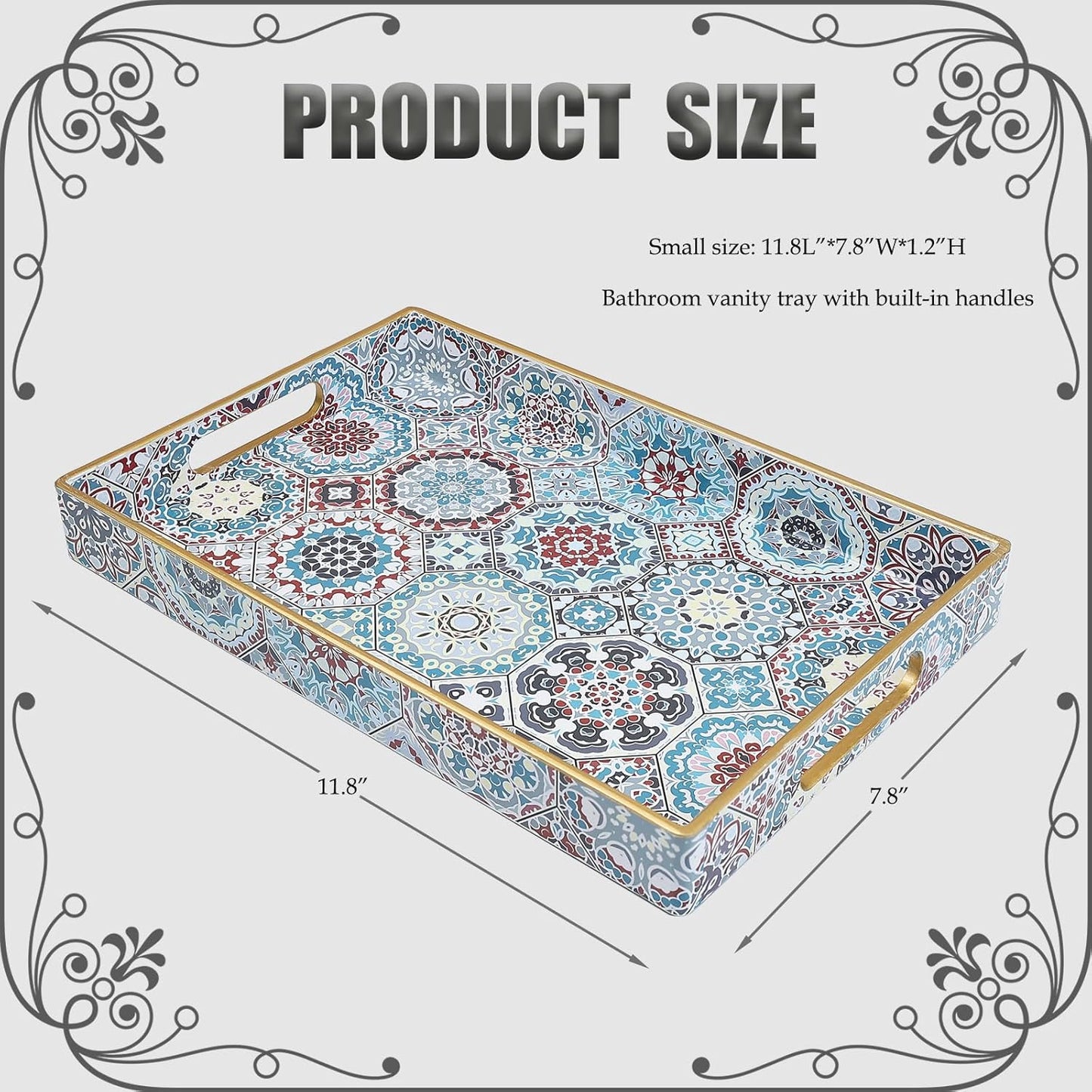 Spsyrine Bathroom Vanity Tray with Handles for Dresser Tops, Countertop, Perfume Decorative Tray, 11.8” * 7.87” *1.37” C2