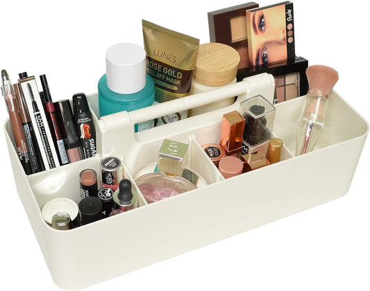 New Plastic Portable Makeup Organizer Caddy Tote Divided Basket Bin with Handle, for Bathroom Storage - Holds Blush Makeup Brushes, Eyeshadow Palette, Lipstick - Extra Large Made In USA (Ivory)