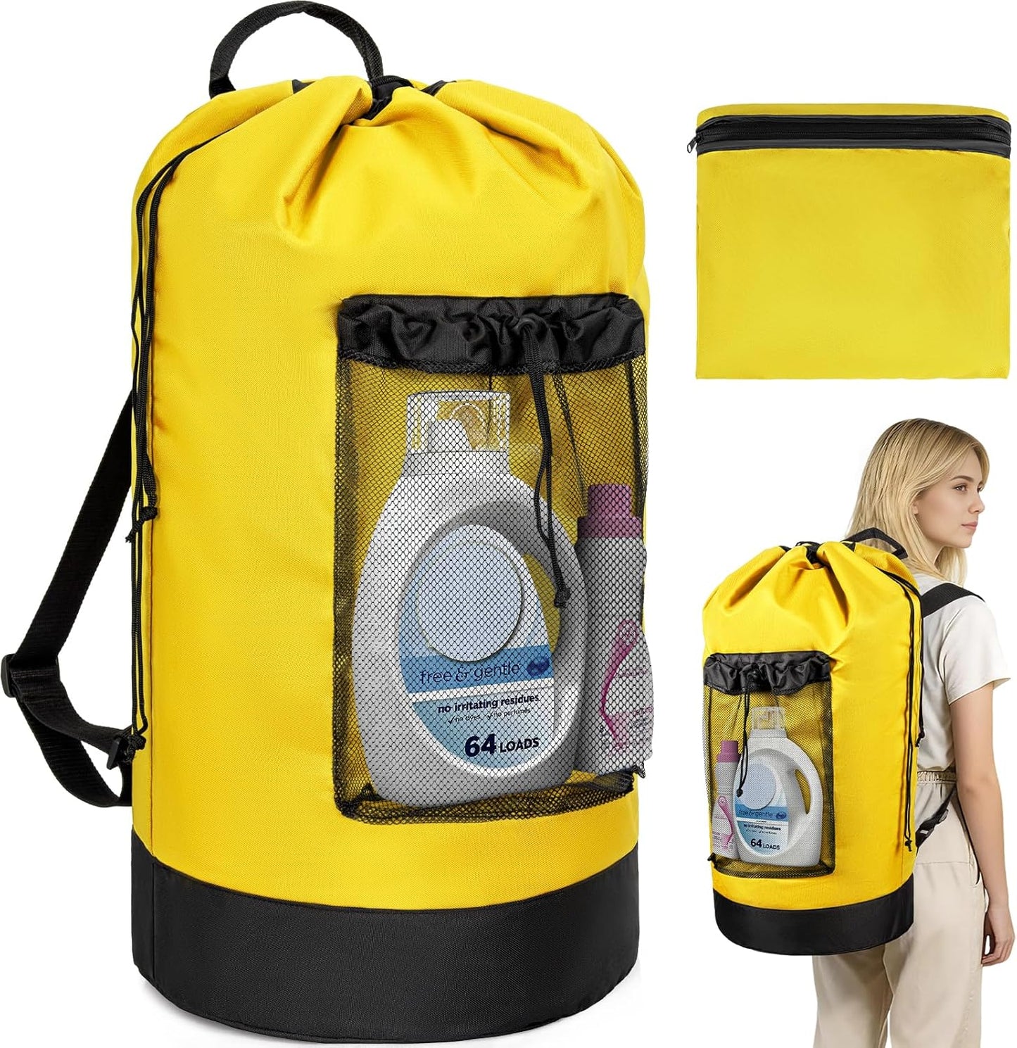 Laundry Bag Backpack with Shoulder Straps and Mesh Pocket Foldable Clothes Hamper Bag with Drawstring Closure for College, Apartment, Laundromat (Yellow)