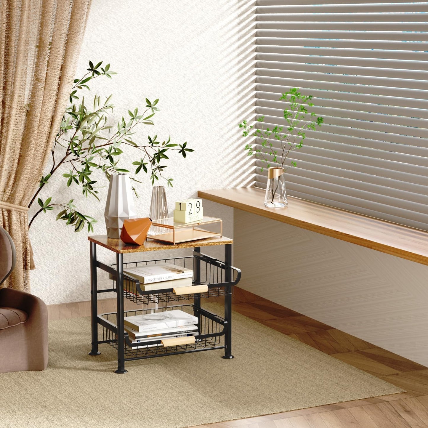 3-Layer Kitchen Fruit Storage Basket Snack Rack, countertop Storage Rack, Stackable Storage Rack with Desktop, Pull-Out Hollow Metal Storage Basket with Handle, Kitchen Organizers & Storage