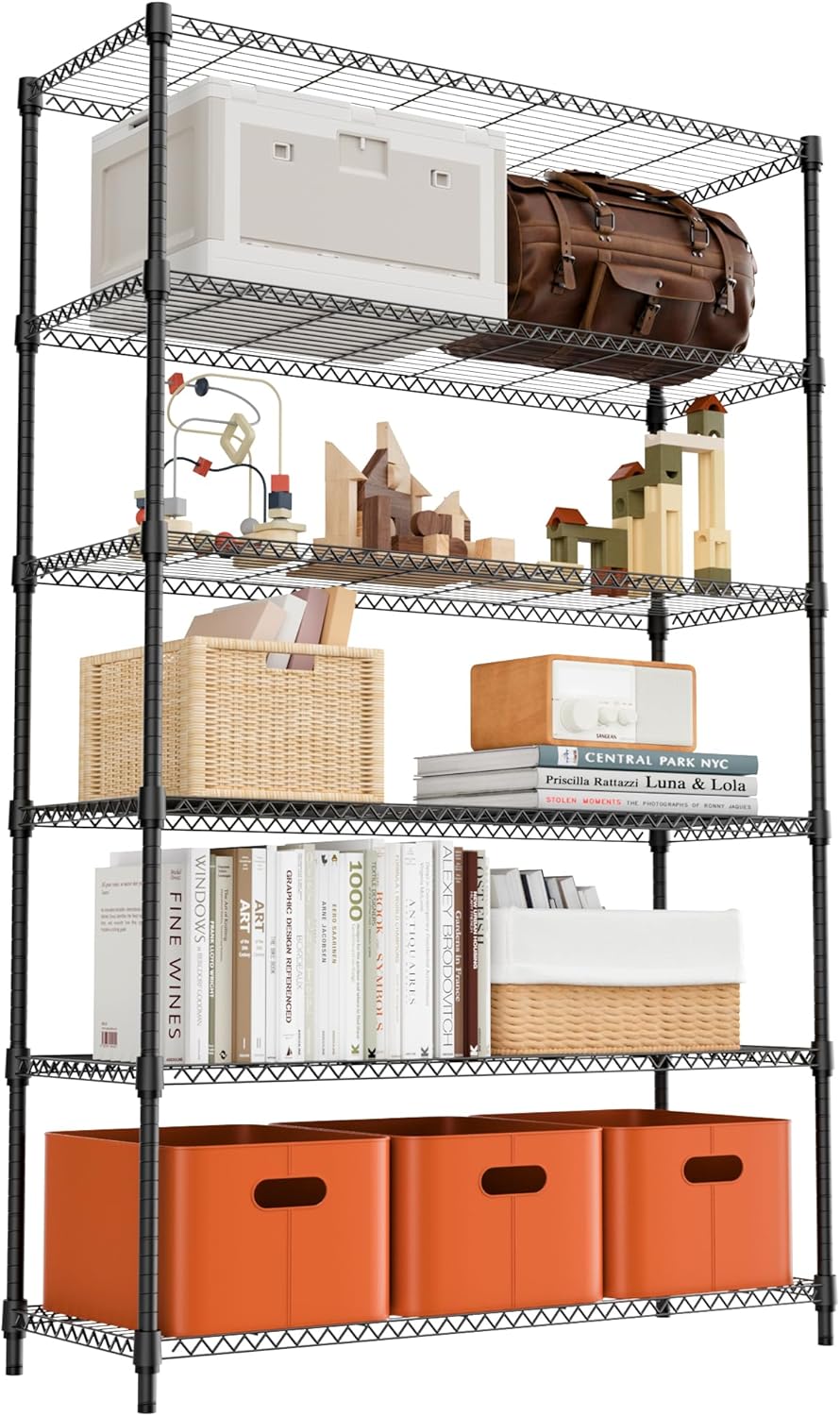 6 Tiers Shelf 2100 lbs Steel Storage Shelving Utility Shelving Unit Steel Organizer Wire Rack for Home,Kitchen,Office,Garage Black 17.7" D x 47.2" W x 82.4" H