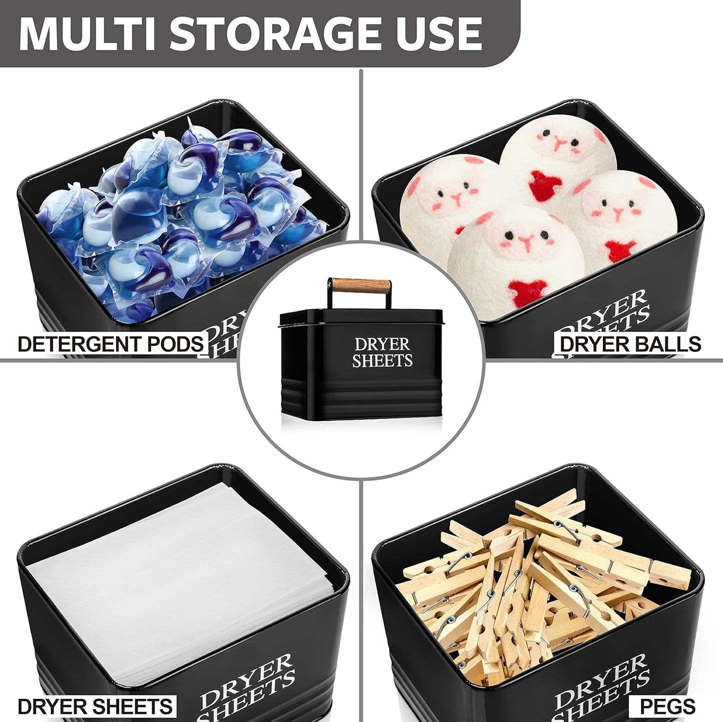 Calindiana Modern Farmhouse Metal Laundry Dryer Sheets Holder Fabric Softener Dispenser with Lid for Laundry Room Decor and Accessories and Space Saving Laundry Organization and Storage, Glossy Black