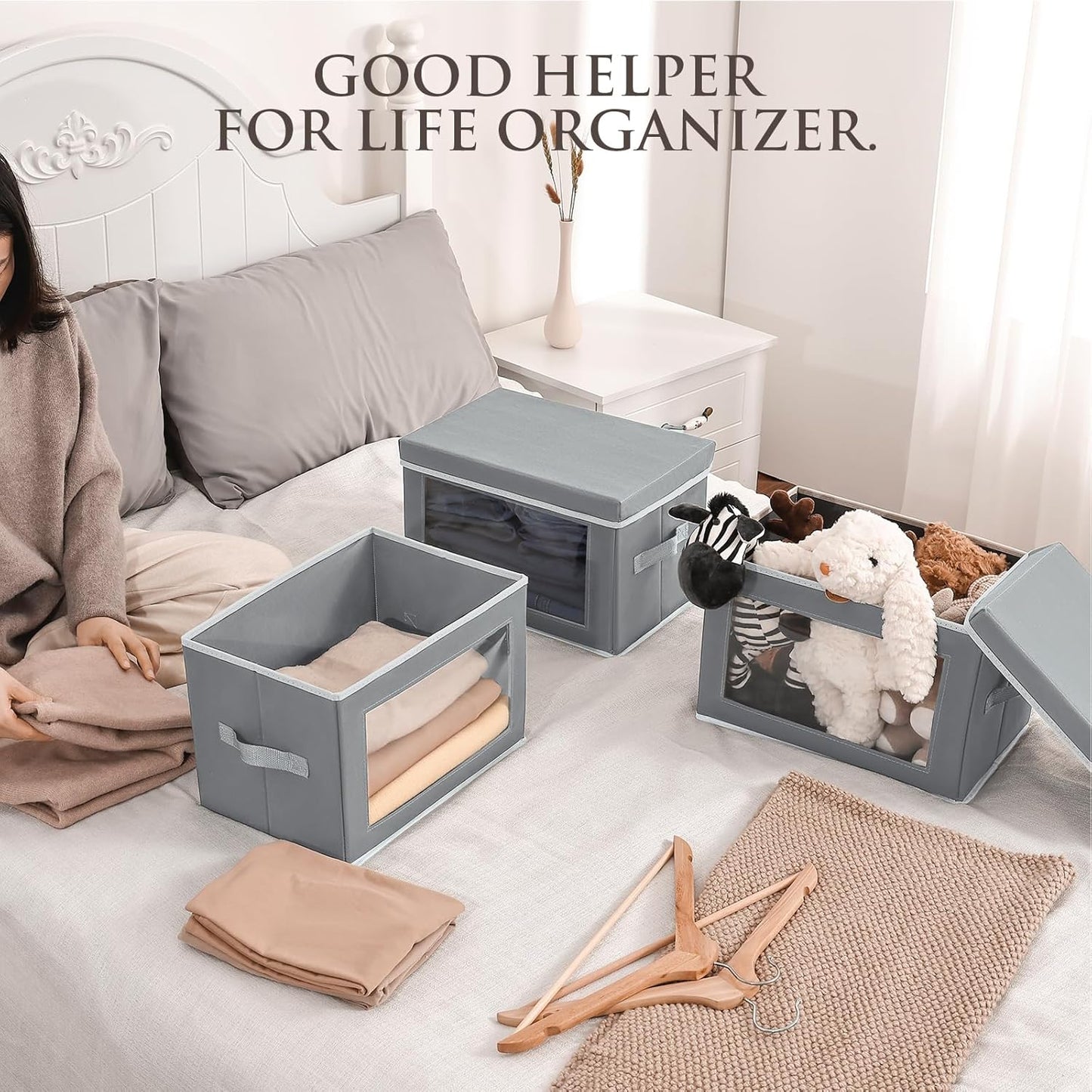 Clothes Organizers and Storage - 6 Pack Large Storage Box with Lids, Foldable Closet Organizer with Lids, Decorative Basket Bins for Home, Dorm, Closet, Grey