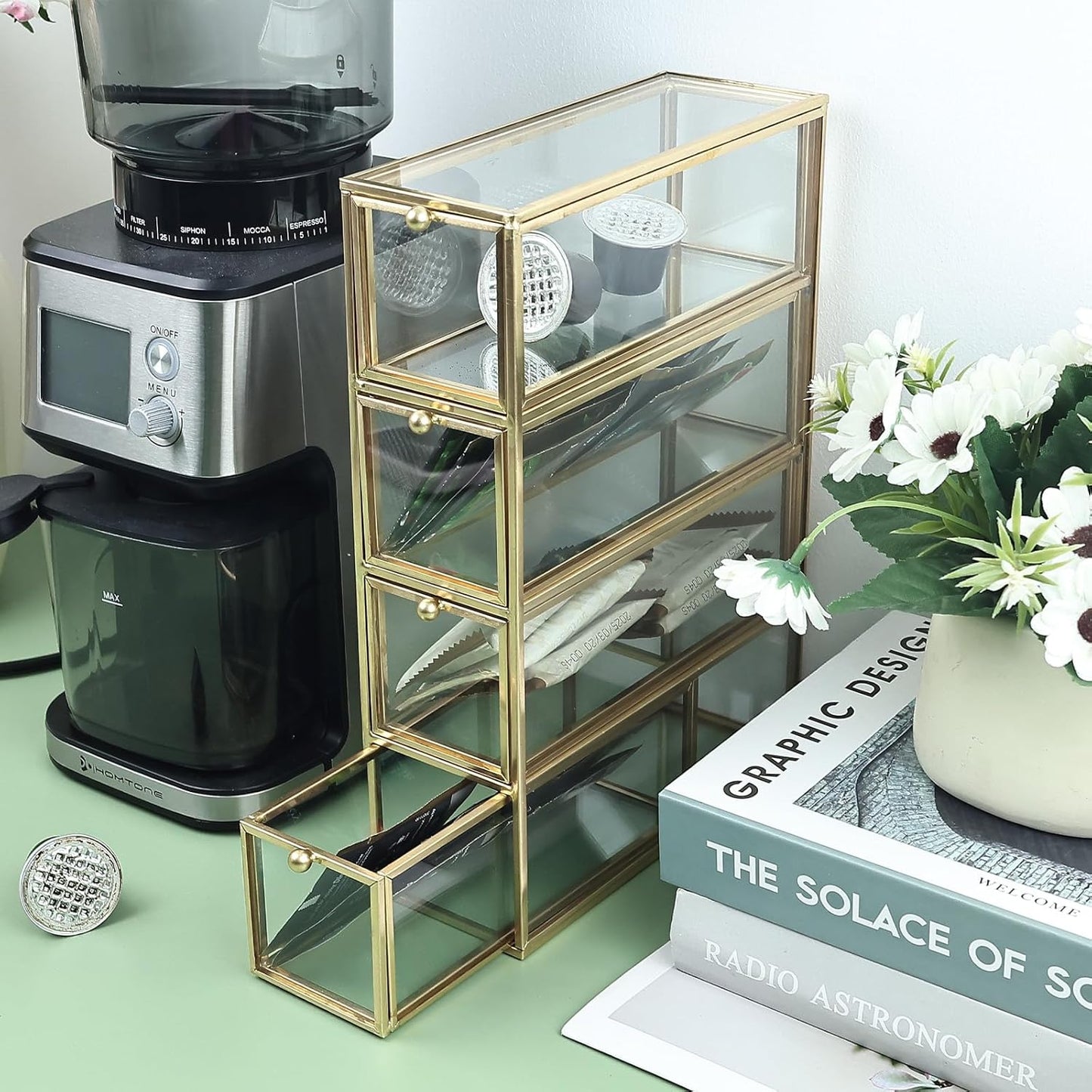 HighFree Gold Glass Coffee Pod Organizer with 4 Drawers, Clear Storage Glass Box for K-Cups, Tea Bags, Sugar Packets, Counter Top Collection Display Holder for Home, Office