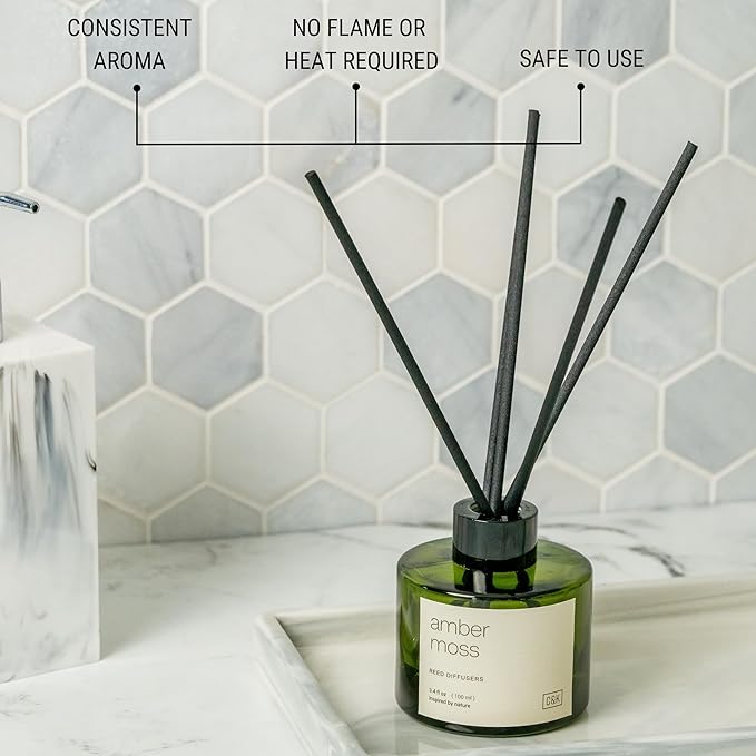 Craft & Kin Amber Moss Christmas Reed Diffuser | All Natural Essential Oil & Rattan Scent Sticks | Holiday Reed Diffusers for Home, Bathroom | Long Lasting Home Fragrance in Green Glass, 3.4oz