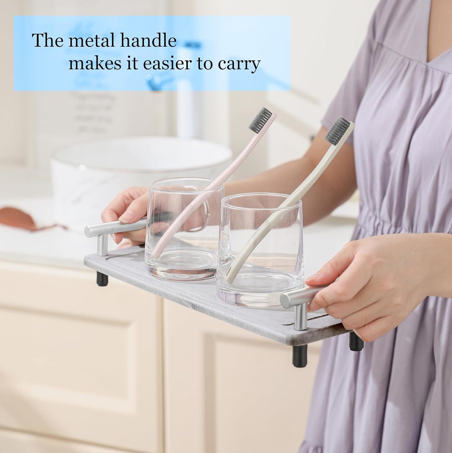 2PCS Quick Dry Stone Sink Tray, Water Absorbent Instant Drying Diatomite Tray for Sink, Instant Drying Stone, Kitchen Sink Caddy Bathroom Soap Dispenser (Dark Grey & Silver Handle, Small)