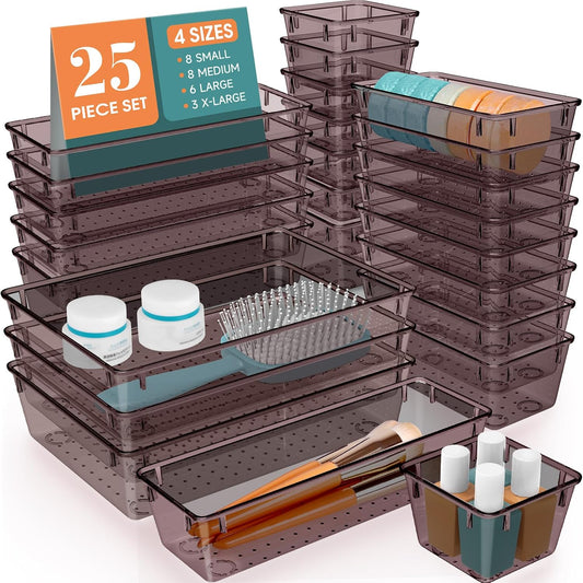 WOWBOX 25 PCS Plastic Drawer Organizer Set, 4 Sizes Desk Drawer Divider Organizers and Storage Bins for Makeup, Jewelry, Gadgets for Kitchen, Bedroom, Bathroom, Office, Clear Brown
