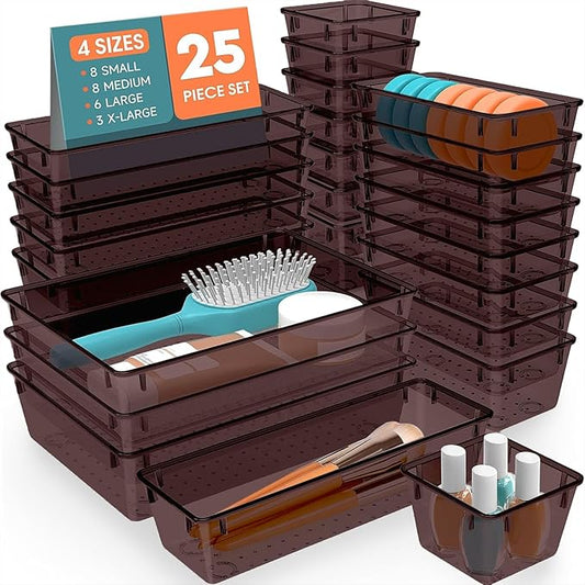 25 PCS Plastic Drawer Organizer Set, 4-Size Versatile Organizer Trays & storage Bins for Makeup, Jewelry, and Gadgets in Bathroom, Bedroom and Office,Brown