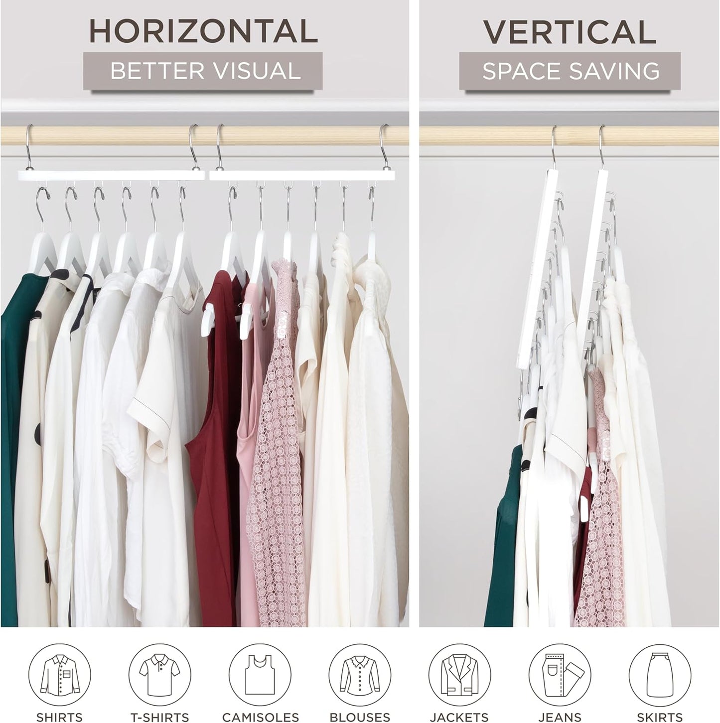 MORALVE Space Saving Hangers for Closet – 4 Pack European Beechwood 6-Tier Shirt Organizer with 360° Swivel Hook – Collapsible Clothes Hanger for Closet Organization (Hangers Not Included)