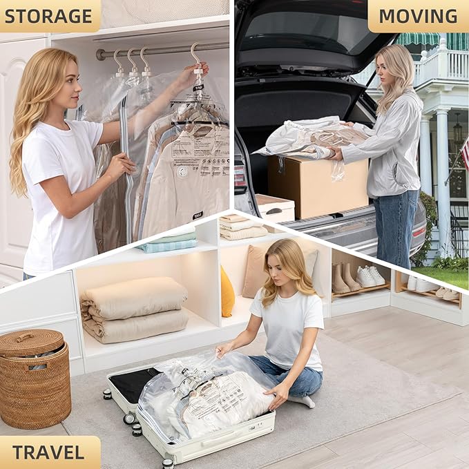 TAILI Hanging Vacuum Storage Sealer Bags Space Saver Bag for Clothing, Suits and Jackets, Closet Organizers, Travel, Set of 4 (2 Long, 2 Short), Clear