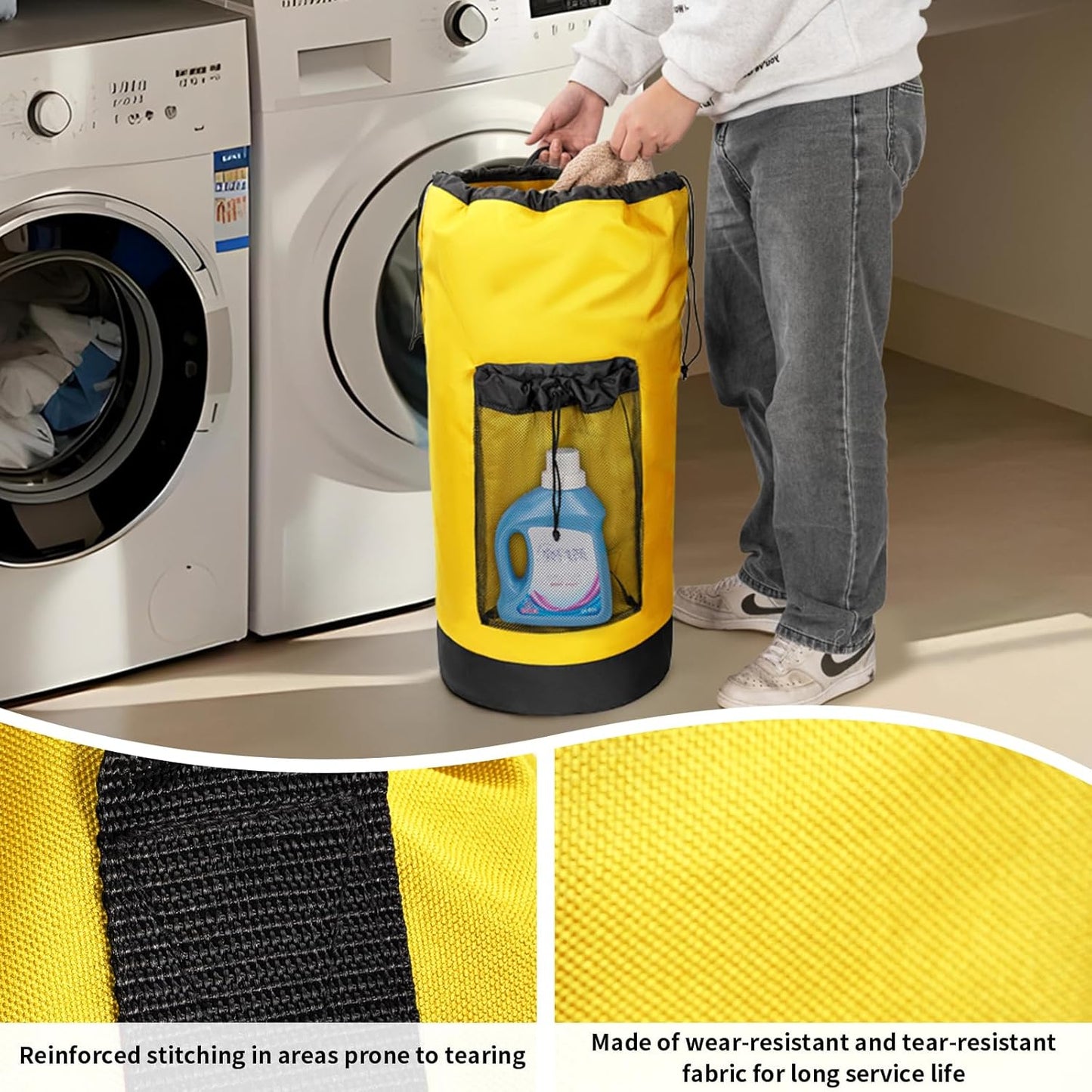 Laundry Bag Backpack with Shoulder Straps and Mesh Pocket Foldable Clothes Hamper Bag with Drawstring Closure for College, Apartment, Laundromat (Yellow)