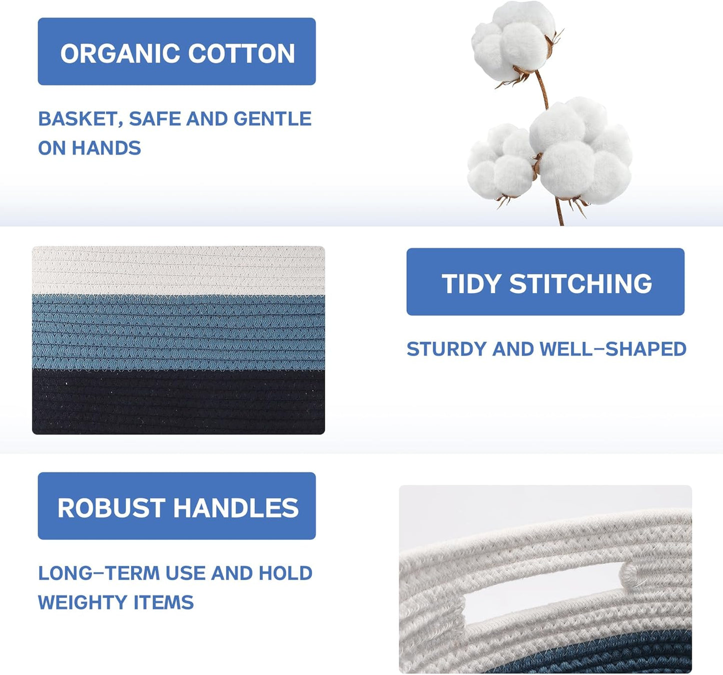 4 Pack Woven Storage Baskets for Organizing - Cotton Rope Baskets for Closet, Toys, Books, Towels, Durable Storage Bins for Shelves, Living Room, Bedroom, 14.76''Lx9.84''Wx8.86''H (Blue, 13")