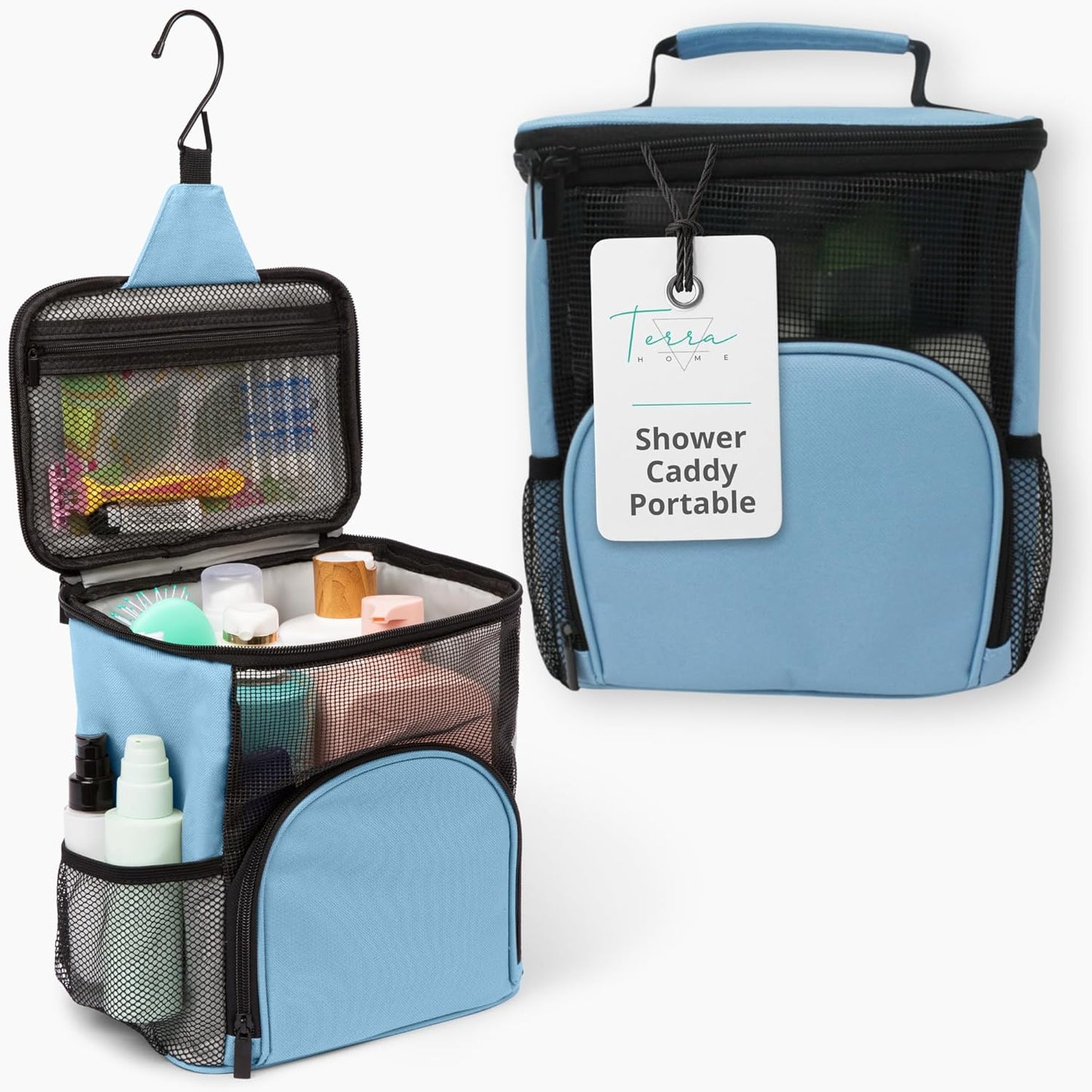 College Dorm Room Essentials for Girls - Shower Caddy Dorm - Original, Portable, Durable, Roomy, Foldable Water Resistant Shower Bag in Light Pink with Metal Hook for Hanging (Light Blue)