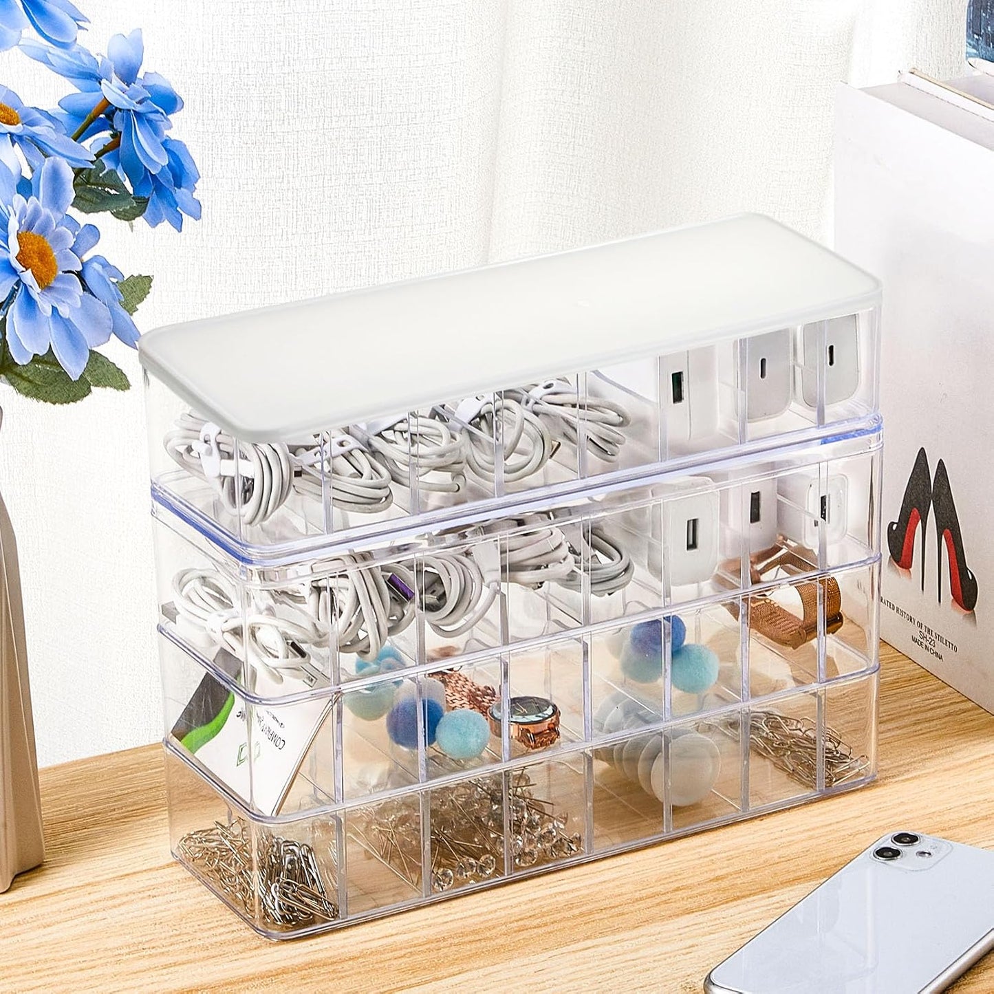 Tatuo 1 Pcs Cable Organizer Box with Wire Ties, Plastic Cord Storage Box with Lid, Electronics Organizer for Home Office Desk Organizers and Accessories (Clear,White)