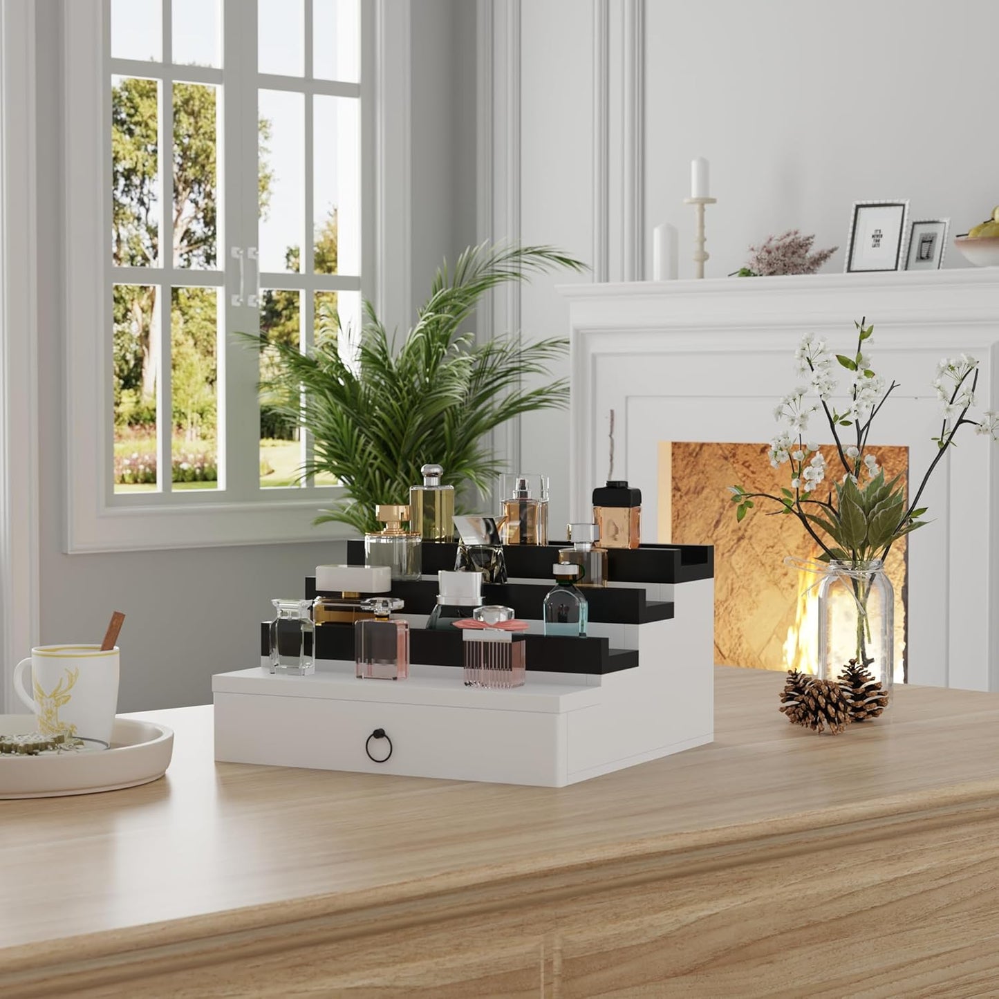 Blisse Cologne/Perfume Organizer, 4-Tier Storage Drawer with Hidden Compartments, Soft-Lined Display Case (White with Black)