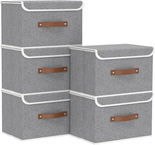 Yawinhe Collapsible Storage Bin, Cube Organizer Basket, Fabric Box with Lids, Washable and Leather Handle, for Home, Closet, Grey, 15.0''Lx9.8''Wx9.8''H, 5-Pack, USNK024GL-5
