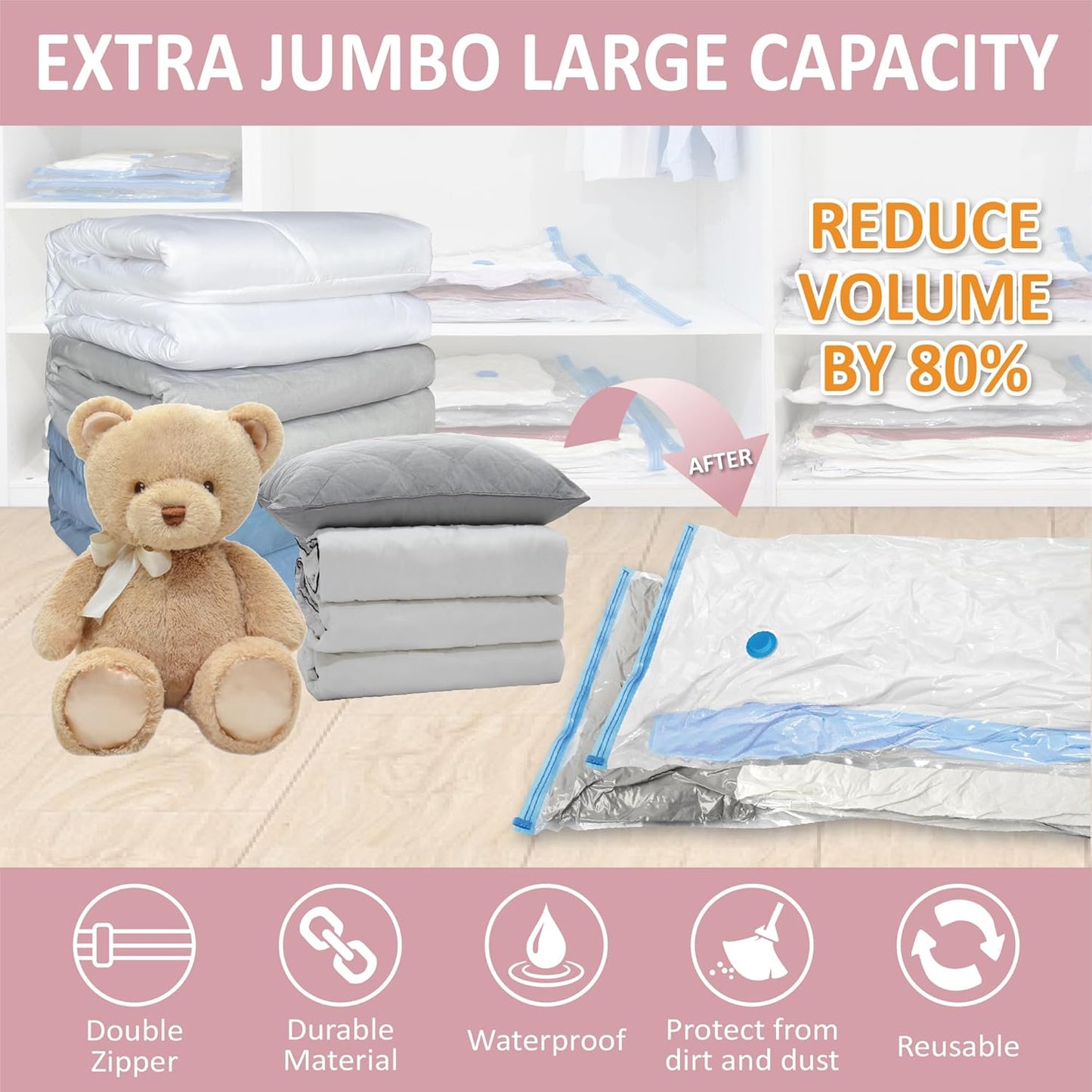 6 Pack XXL Jumbo Vacuum Storage Bags, Extra Large Vacuum Seal Bags for Comforters, Bedding, Blanket Storage, Giant Space Saver Bags for Huge Stuffed Toy (47.2x35 in)