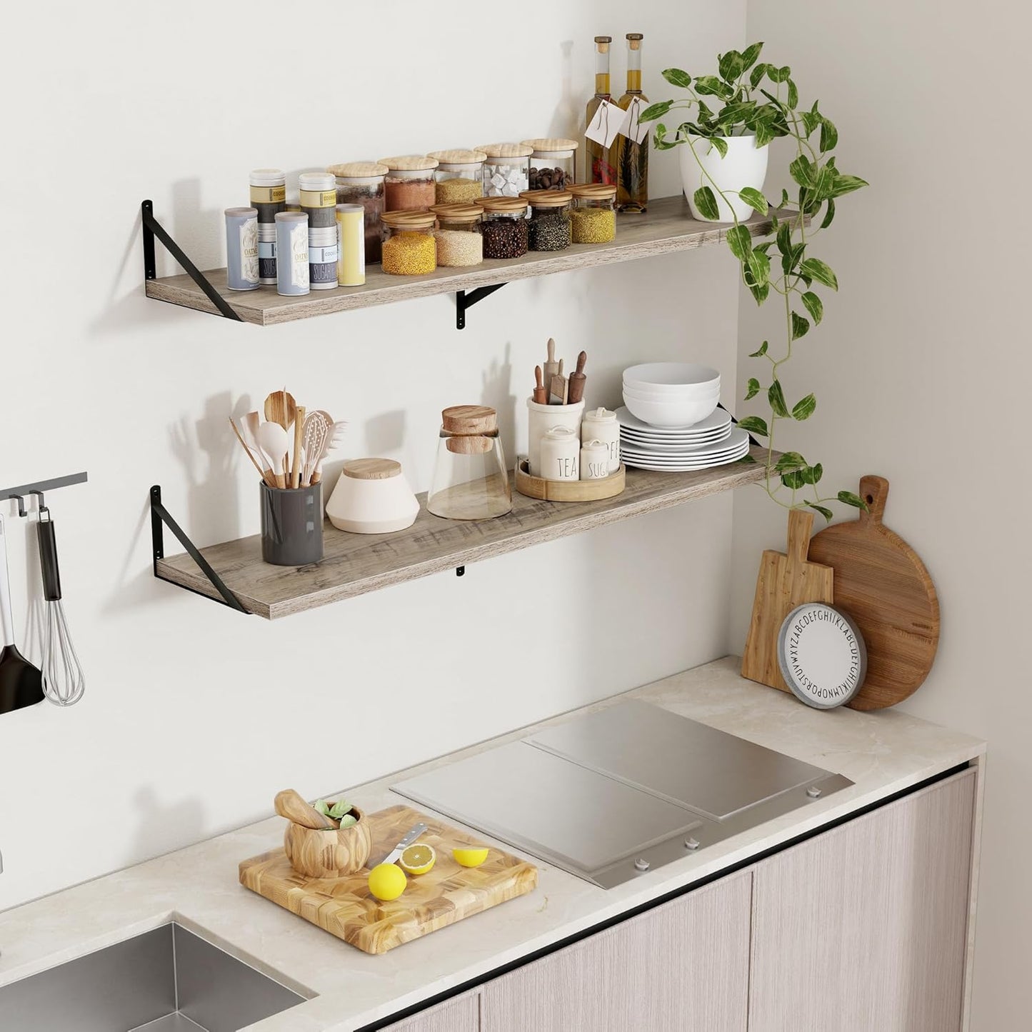 Axeman 12 Inch Deep Floating Shelves for Wall - 48 Inch Wide x 12 Inch Deep Wall Shelves Set of 2 - Rustic Grey Wood Floating Shelves for Living Room