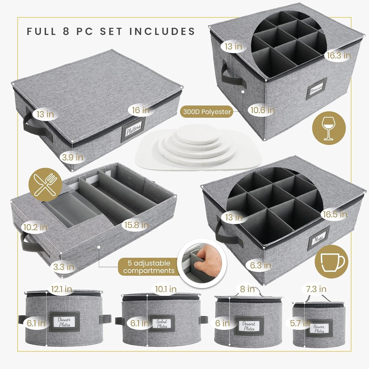 HOMELUX THEORY Flatware Storage Hard Shell China Storage Containers - Light Gray Silverware Organizer, Cutlery & Silverware Storage Box with 5 Dividers & Lid, Heavy Duty Moving Box with Handles