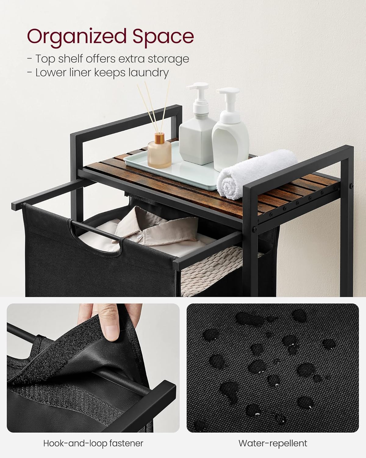 VASAGLE Laundry Hamper, Laundry Basket, Laundry Sorter with A Pull-Out and Removable Bag, Shelf, Metal Frame, 17.2 Gallons (65 L), 19.7 x 13 x 28.4 Inches, Black and Rustic Brown UBLH101B01