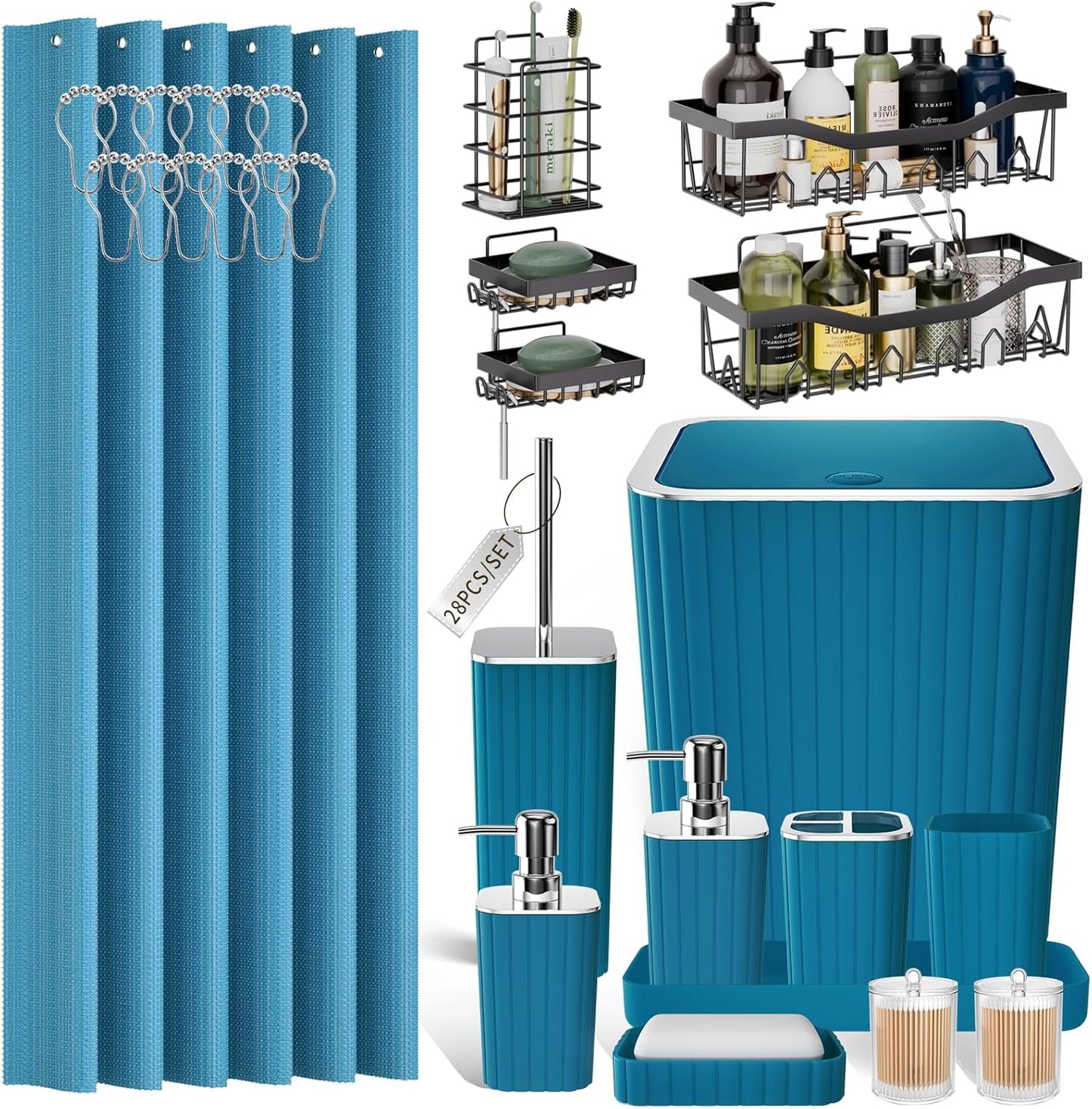 Bathroom Set - 28PC Gorgeous Teal Bathroom Set with Shower Curtain, Bathroom Accessory Set, Bathroom Sets with Shower Caddy